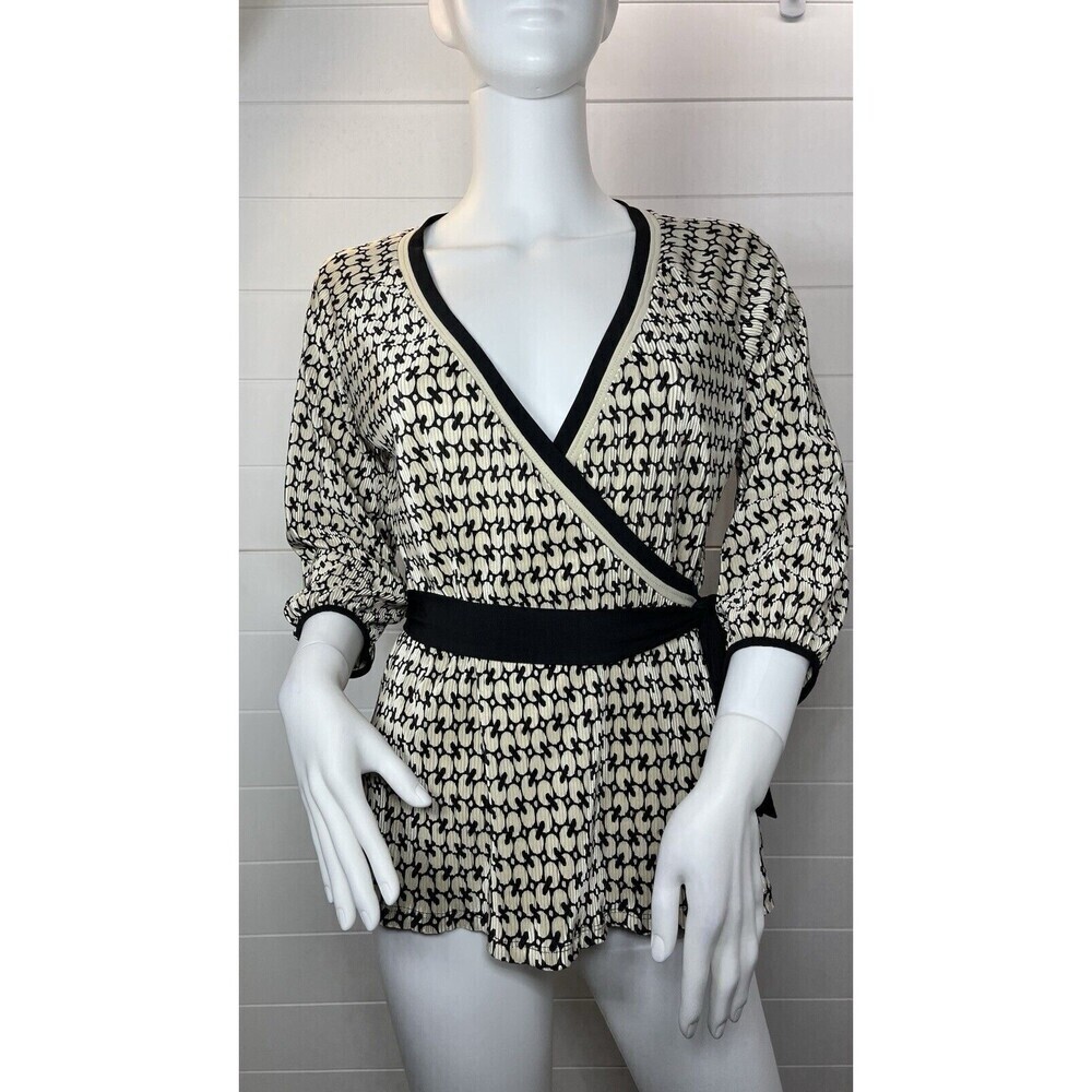 Nicola Y2K Womens Chain Link Beige/Black Babydoll Surplice Crinkle Top M Pinup - Picture 1 of 13